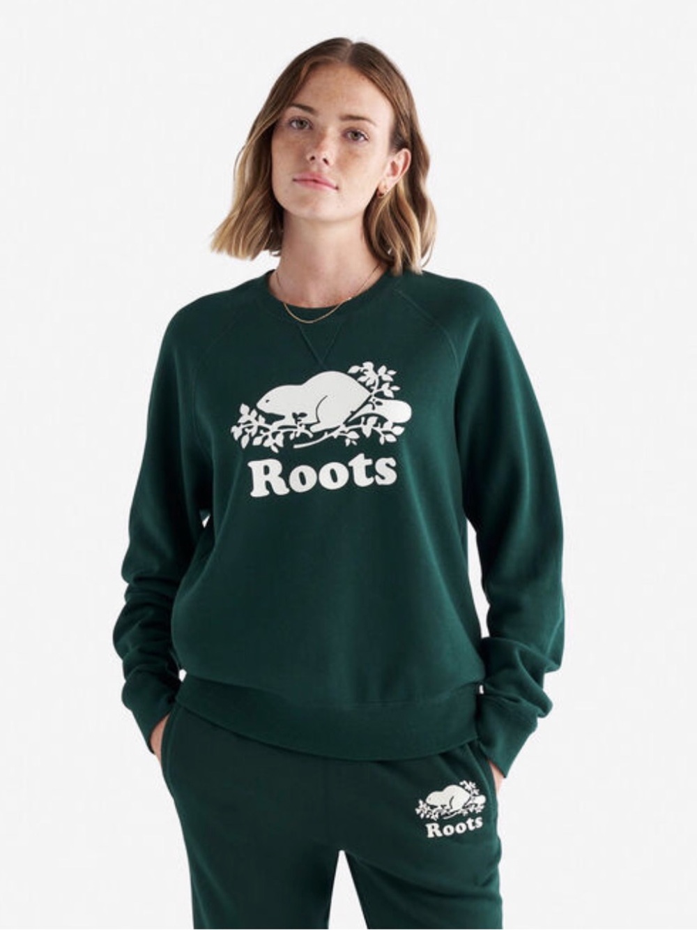 Roots Forest Green Crewneck with White Beaver Logo